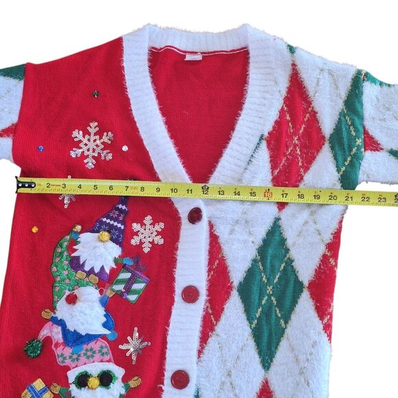 Holiday Time Embellished Cardigan Sweater Tunic Gnomes Snowflakes Argyle size M - Picture 4 of 16